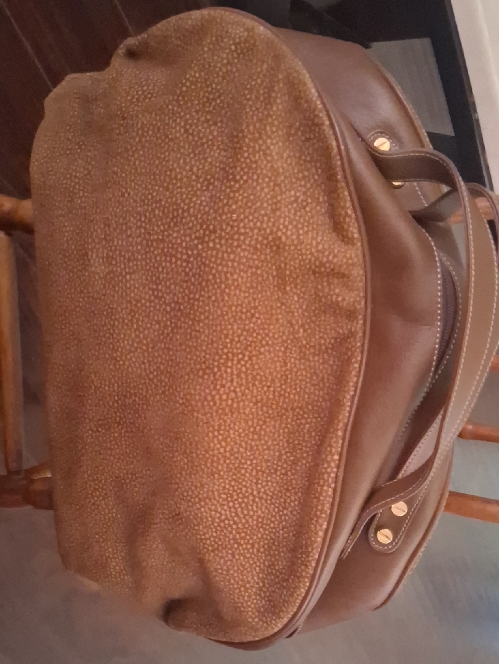 Women's Brown Textured Canvas & Leather Duffel Bag